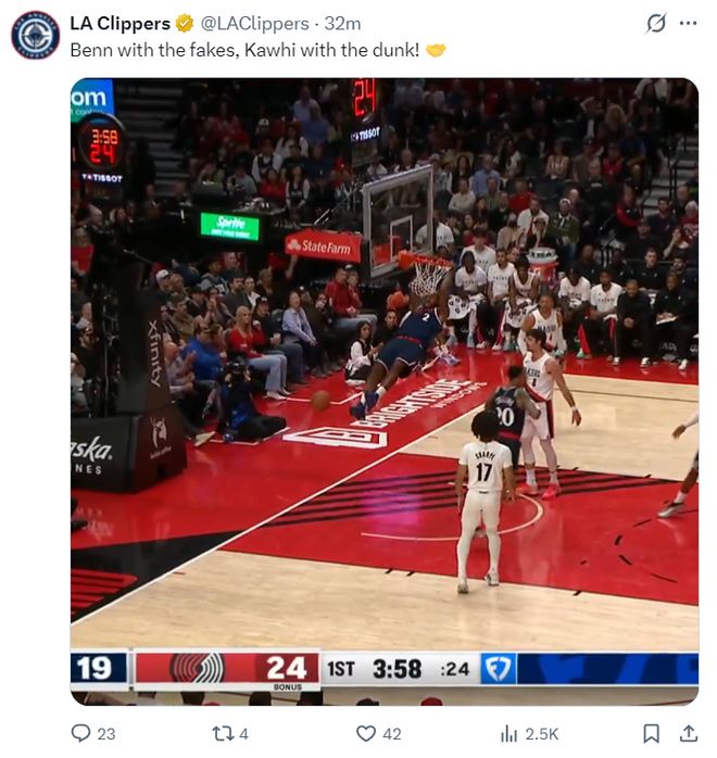 开拓者力克快船终结连败 伦纳德57场20+难救主队