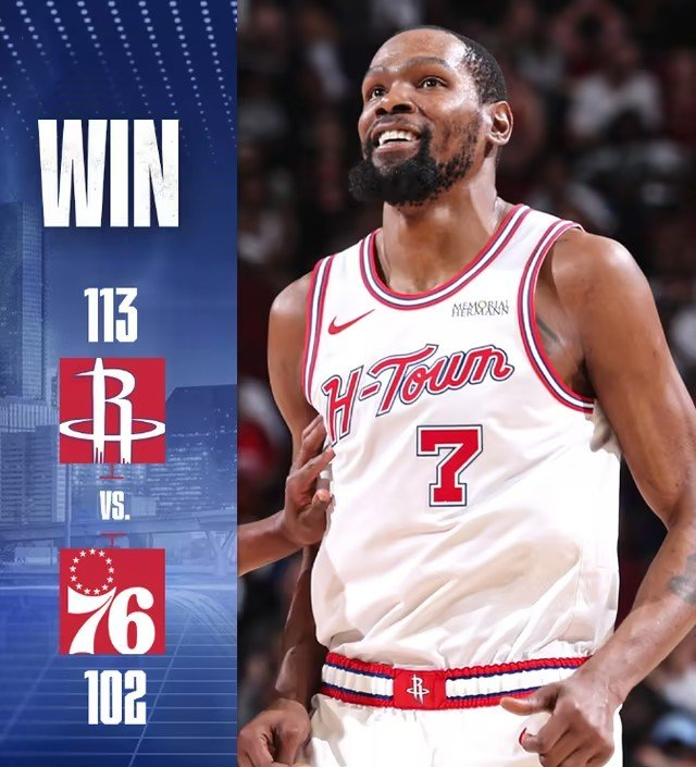 火箭力克76人杜兰特29分难掩团队疲态